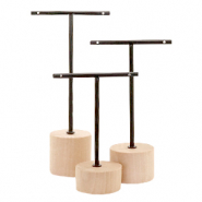 Expositor de joyer&iacute;a en forma de T con base de madera para pendientes (3pzas.) Naturel (color madera natural)-negro