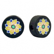 Abalorios de pol&iacute;meros flor Negro-amarillo