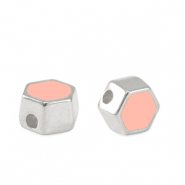 Abalorios met&aacute;licos DQ hex&aacute;gono Plata vieja-rosa salm&oacute;n (sin n&iacute;quel)