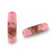 Abalorios de cristal tubo flor Rosa-rosa roja