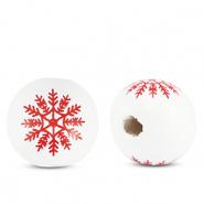 Abalorios de madera redondos 16mm copo de nieve Blanco-rojo