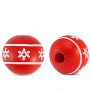 Abalorios de madera redondos 16mm copo de nieve Rojo-blanco