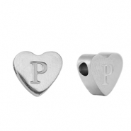 Abalorios Acero Inox coraz&oacute;n letra P Plateado