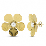 Pendientes Acero Inox flor con imitación de perlas Dorado