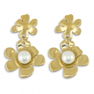 Pendientes Acero Inox flor con imitación de perlas Dorado