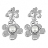 Pendientes Acero Inox flor con imitación de perlas Plateado