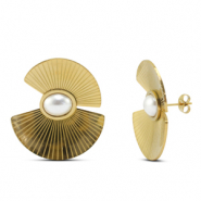 Pendientes Acero Inox abanico con imitación de perlas Dorado