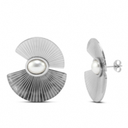 Pendientes Acero Inox abanico con imitación de perlas Plateado
