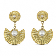 Pendientes Acero Inox abanico con imitación de perlas Dorado