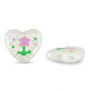 Abalorios acr&iacute;licos coraz&oacute;n con flor Perla-lila rosa-verde