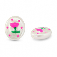 Abalorios acr&iacute;licos &oacute;valo con flor Perla-rosa-verde