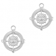 Colgantes Acero Inox br&uacute;jula con flor Plata