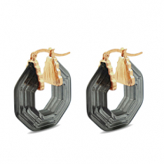 Pendientes resina trendy hexágon Dorado-transparente negro