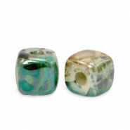 Abalorios de cerámica griega DQ cubo 8mm Pavo real verde-beige marrón