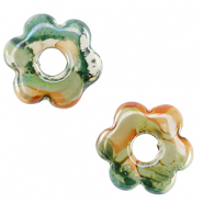 Abalorios de cer&aacute;mica griega DQ flor Verde claro-naranja