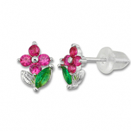 Metal TQ lat&oacute;n pendiente flor Plateado-rose oscuro-verde