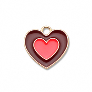 Colgantes met&aacute;licos esmalte coraz&oacute;n Dorado-marr&oacute;n-rojo coral