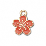 Colgantes met&aacute;licos esmalte flor Dorado-rojo coral oscuro