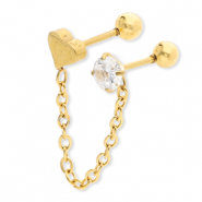 Piercing oreja Acero Inox coraz&oacute;n con cadena & strass Dorado-cristal