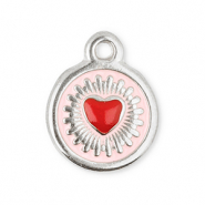 Colgantes Acero Inox redondos con coraz&oacute;n Plateado-rojo-rosa claro