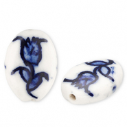 Abalorios de cerámica óvalo con tulipán Blancuzco-azul Delfts