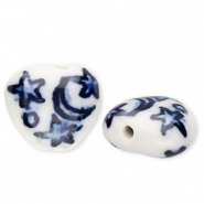 Abalorios de cerámica corazón con luna y estrellas Blancuzco-azul Delfts