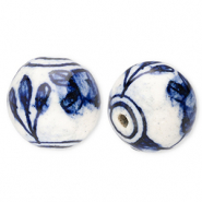 Abalorios de cerámica 18mm con tulipán Blancuzco-azul Delfts