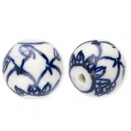 Abalorios de cerámica 15mm con hoja Blancuzco-azul Delfts