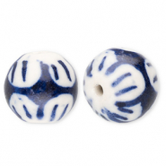 Abalorios de cerámica 12mm con flor Blancuzco-azul Delfts