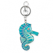 Llavero de cuero caballito de mar Azul cyan oscuro-beige arena