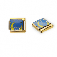 Acero Inox link-eslabón para pulsera italiana con dijes Acero Inox luna y estrellas Dorado-azul-amarillo