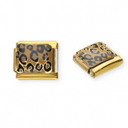 Acero Inox link-eslabón para pulsera italiana con dijes Acero Inox estampado leopardo Dorado-marrón claro-negro
