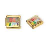 Acero Inox link-eslabón para pulsera italiana con dijes Acero Inox "Be happy" Dorado-multicolor