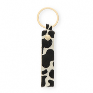 Llavero cuero con estampado de vaca Blanco-negro-dorado