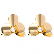 Pendientes llamativos flor con imitaci&oacute;n de perla con perno de acero inox Dorado-blanco