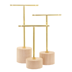 Expositor de joyer&iacute;a en forma de T con base de madera para pendientes (3pzas.) Naturel (color madera natural)-dorado