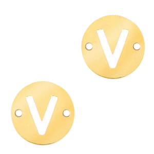 Colgantes acero inox entrepieza redondo 10mm moneda letra  V Dorado