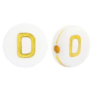 Abalorios letras acr&iacute;licas D Blanco-dorado