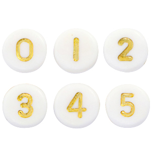 Abalorios letras acr&iacute;licas mix n&uacute;meros Blanco-dorado