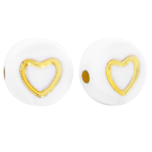 Abalorios letras acr&iacute;licas corazones Blanco-dorado