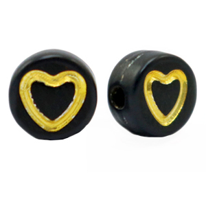 Abalorios letras acr&iacute;licas coraz&oacute;n Negro-dorado