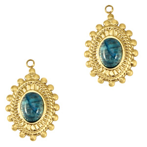 Colgantes Acero Inox ovalado con piedra natural Dorado-azul m&aacute;rmol