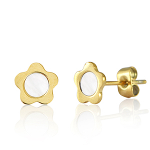 Pendientes Acero Inox flor Dorado-blanco perla