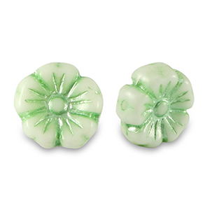 Abalorios Checos flor 9mm Verde p&aacute;lido met&aacute;lico-blanco