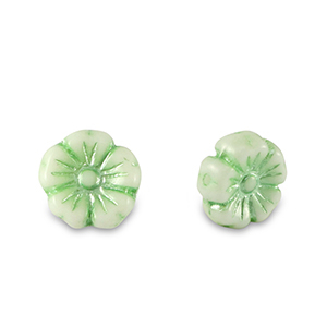 Abalorios Checos flor 7mm Verde p&aacute;lido met&aacute;lico-blanco