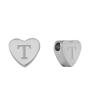 Abalorios Acero Inox coraz&oacute;n letra T Plateado