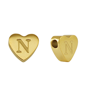 Abalorios Acero Inox coraz&oacute;n letra N Dorado