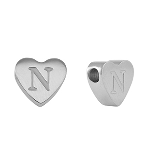 Abalorios Acero Inox coraz&oacute;n letra N Plateado