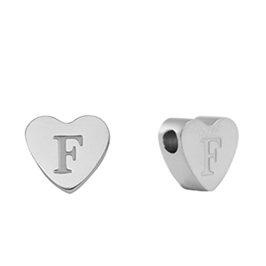 Abalorios Acero Inox coraz&oacute;n letra F Plateado