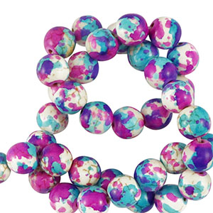 Abalorios de cer&aacute;mica 8mm Blanco-morado azul